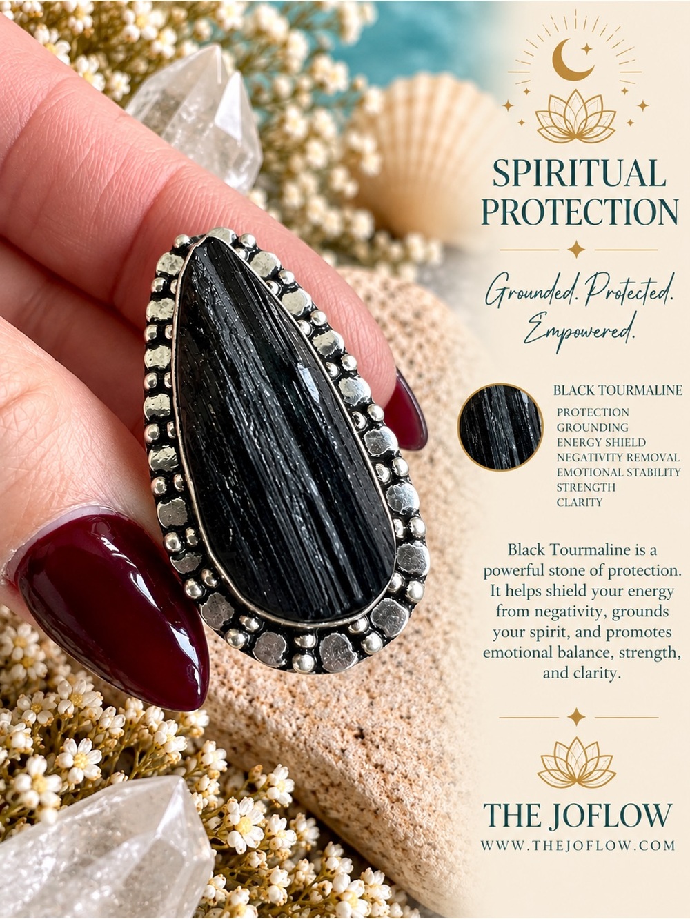 925 Spiritual Protection RAW Black Tourmaline Ring 8.5